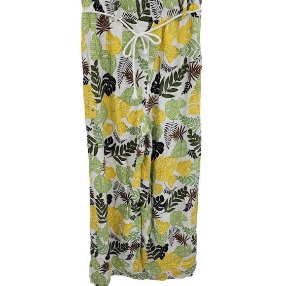 Vintage 80's Palazzo Pants M Tropical Print Linen High Waisted Wide Leg Beach - Picture 1 of 10